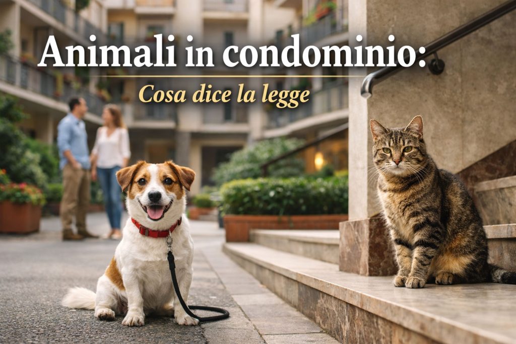 Cane al guinzaglio e gatto nelle parti comuni di un condominio residenziale