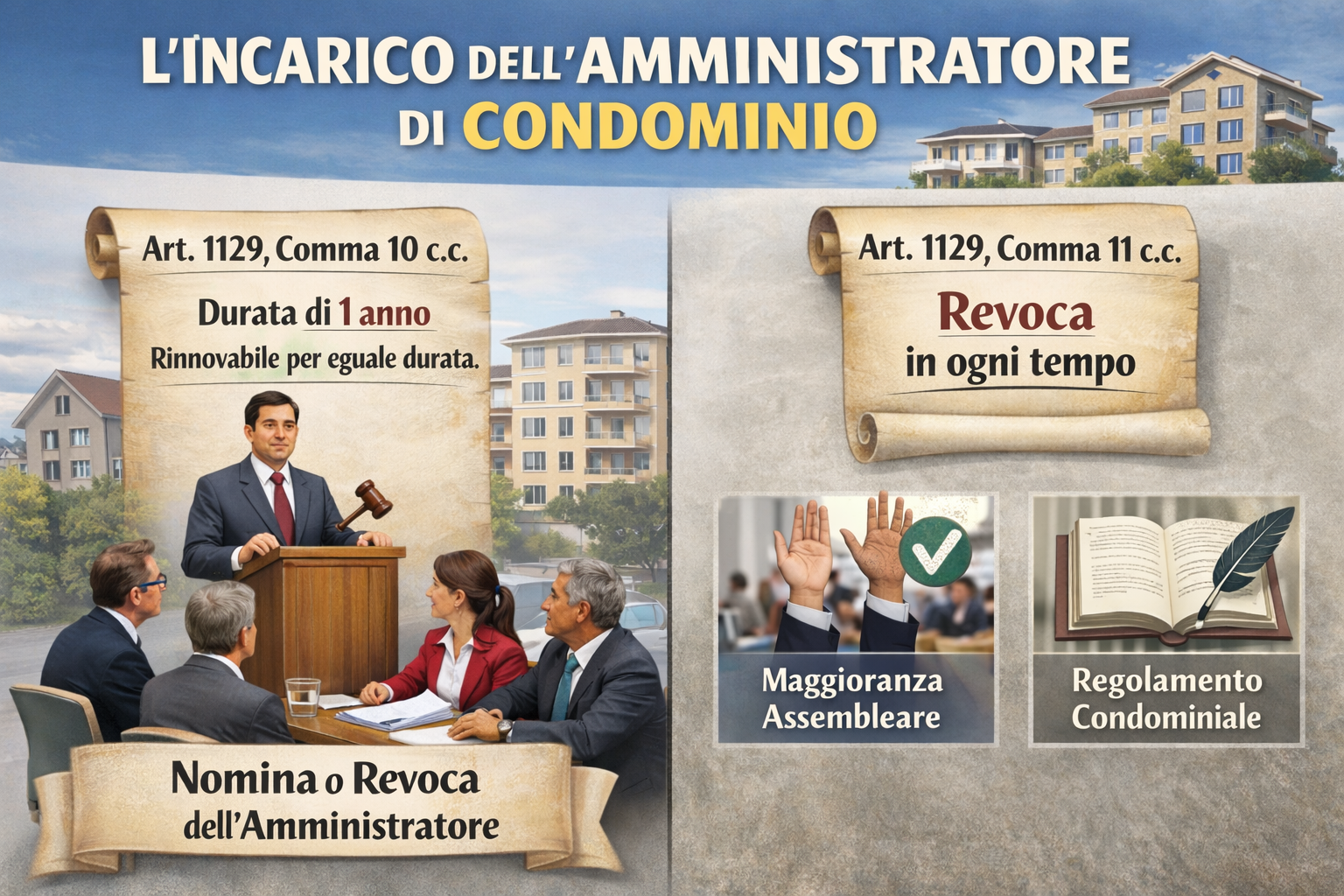 Articolo 1129 codice civile: durata annuale e revoca dell’amministratore di condominio